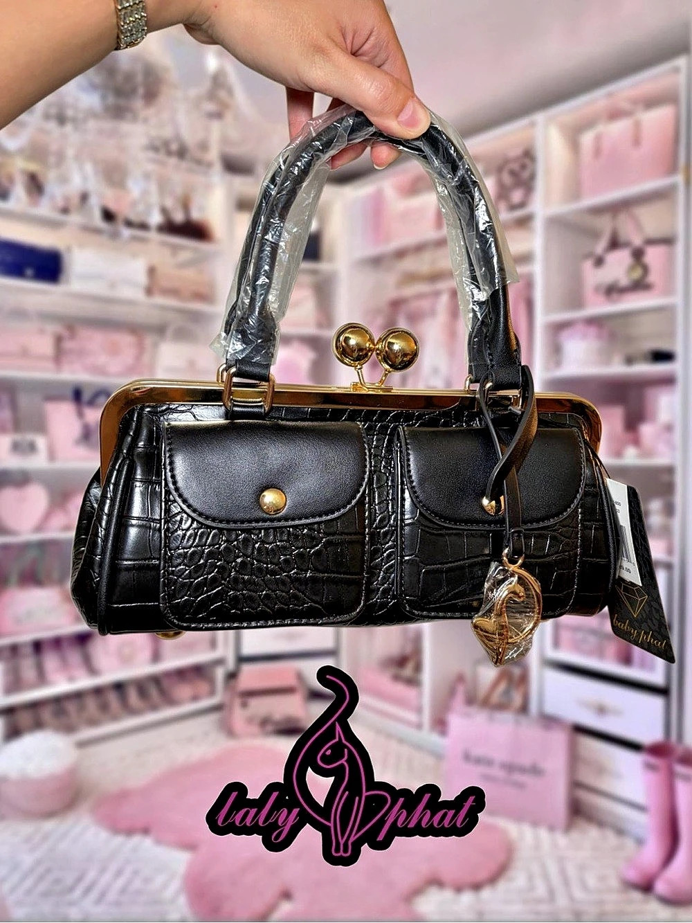 Baby Phat Kisslock Black Crocodile-Embossed Frame Bag NWT